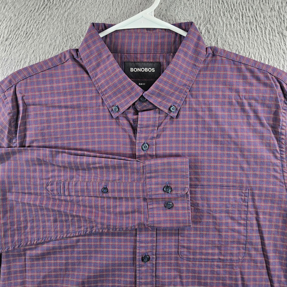 Bonobos Mens Slim Fit Plaid Button Down Shirt Purple Red Large Long Sleeve